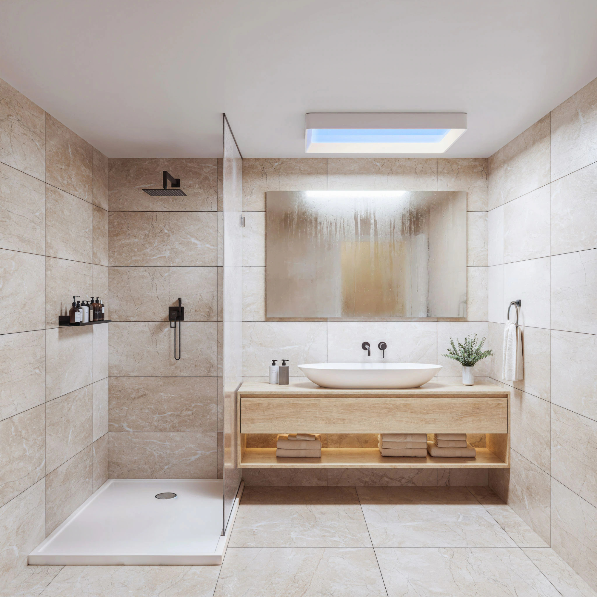 Philips smart skylight in a neutral, modern bathroom.