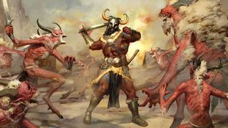 A Barbarian fights off a horde of demons.
