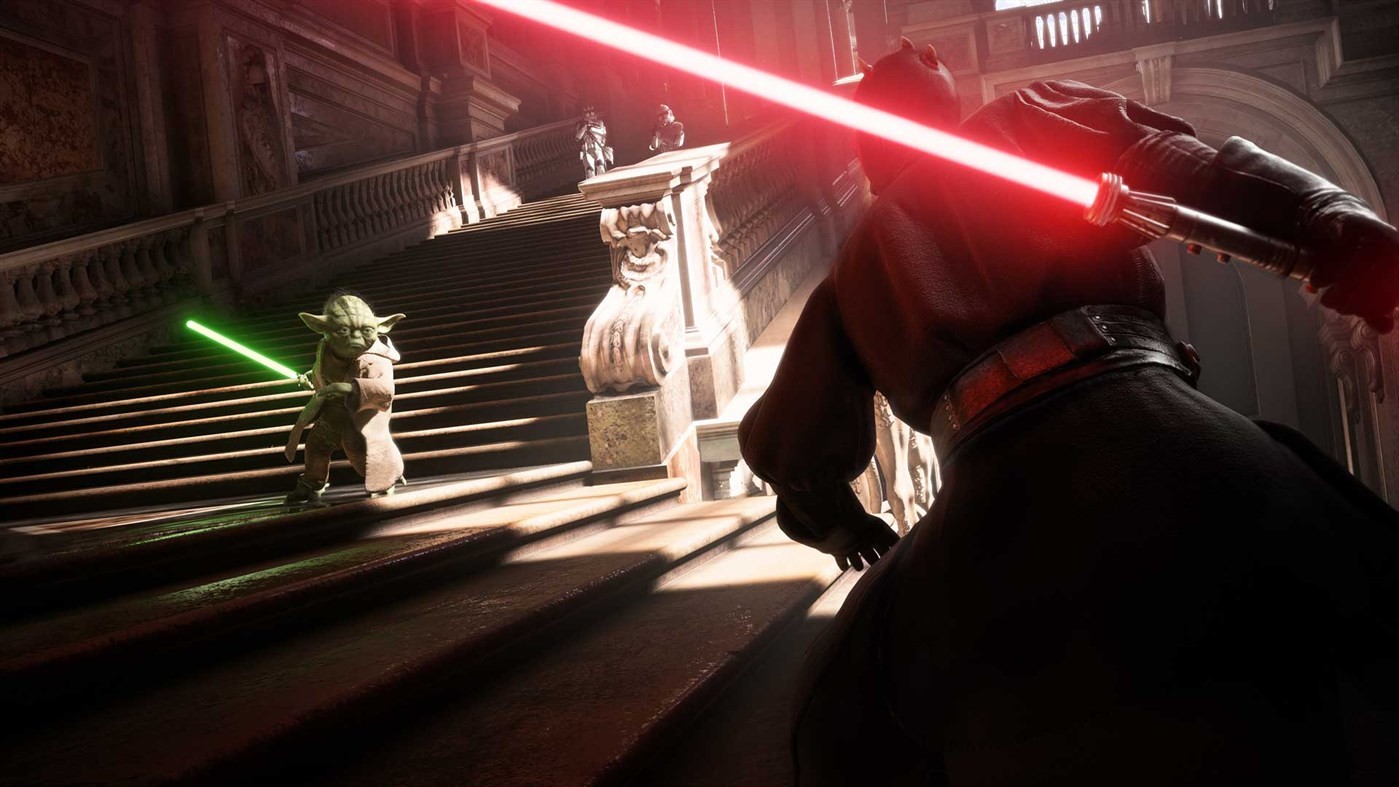 Star Wars Battlefront 2 screenshot showing Yoda and Darth Maul drawing their lightsabers to fight on a grand staircase