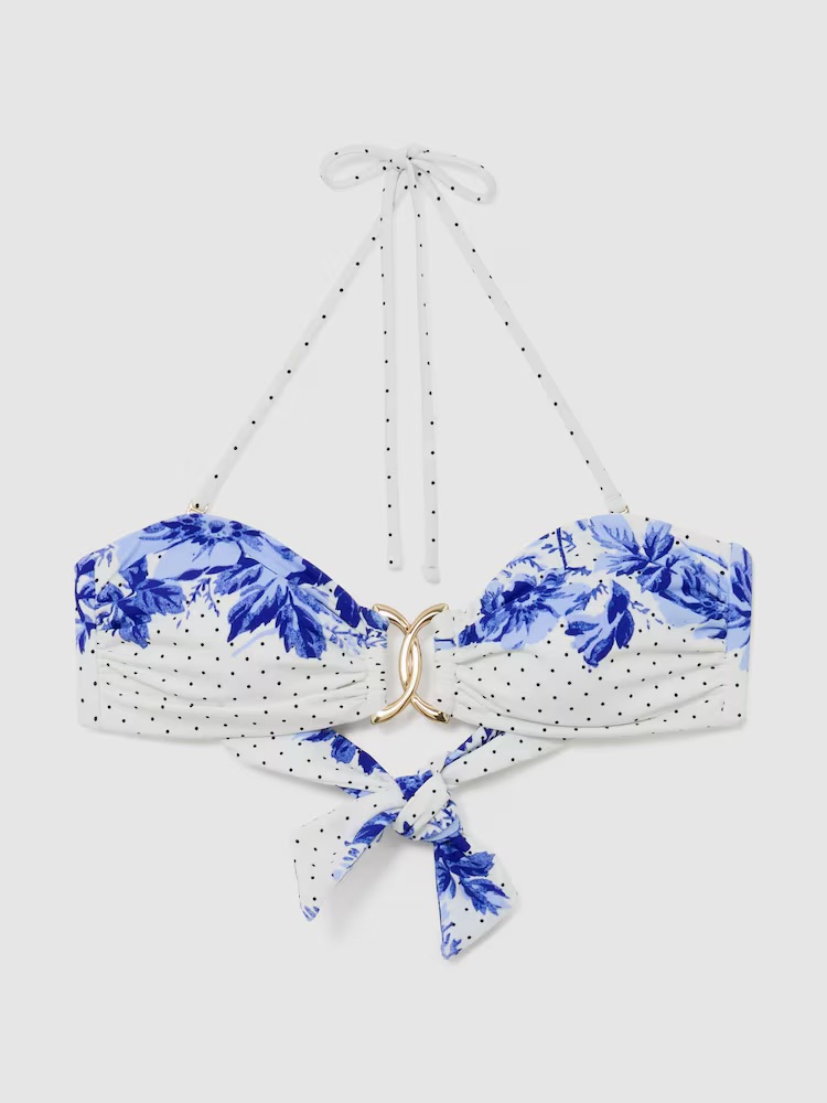 Floral-Print Halter Bandeau Bikini Top in Blue/ivory