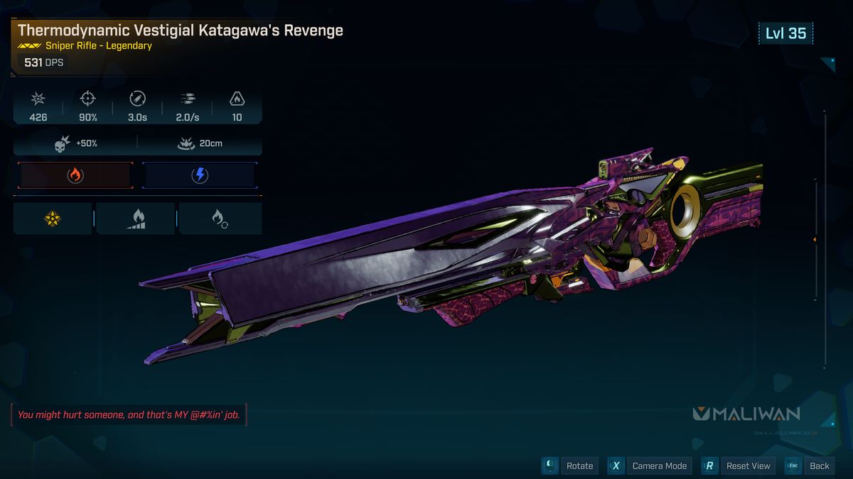 Borderlands 4 Katagawa's Revenge location: The Katagawa's Revenge legendary sniper being inspected, showing its unique traits and design.