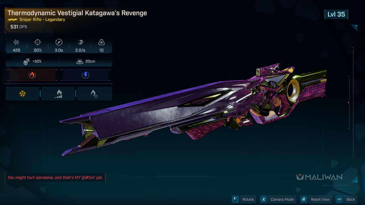 Borderlands 4 Katagawa's Revenge location: The Katagawa's Revenge legendary sniper being inspected, showing its unique traits and design.