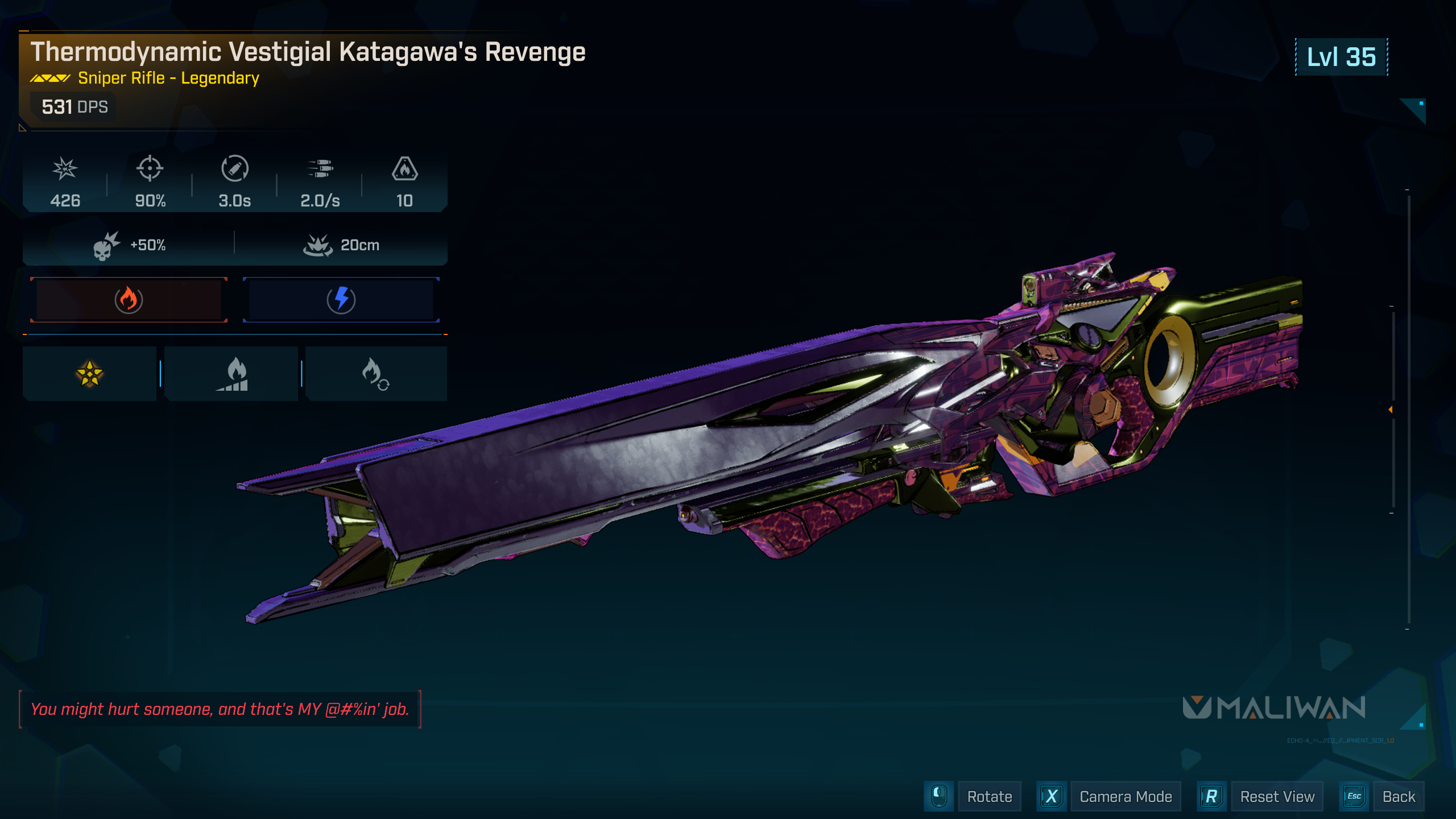 Borderlands 4 Katagawa's Revenge location: The Katagawa's Revenge legendary sniper being inspected, showing its unique traits and design.