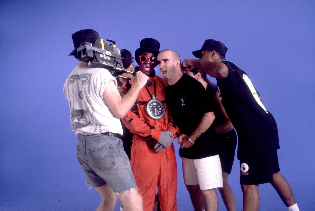 Members of Anthrax and Public Enemy filming the video for Bring The Noise