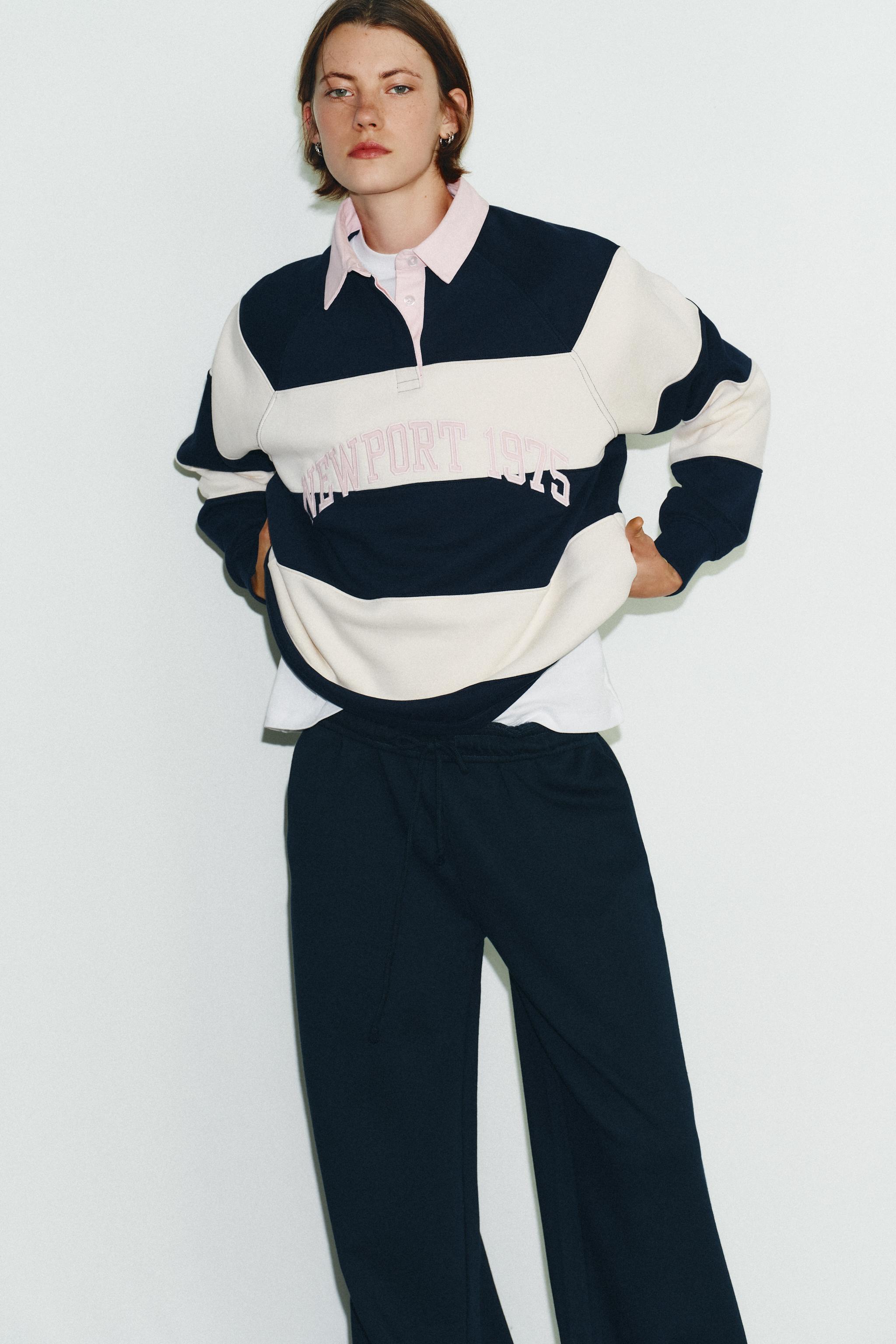 Striped Polo Neck Slogan Sweatshirt