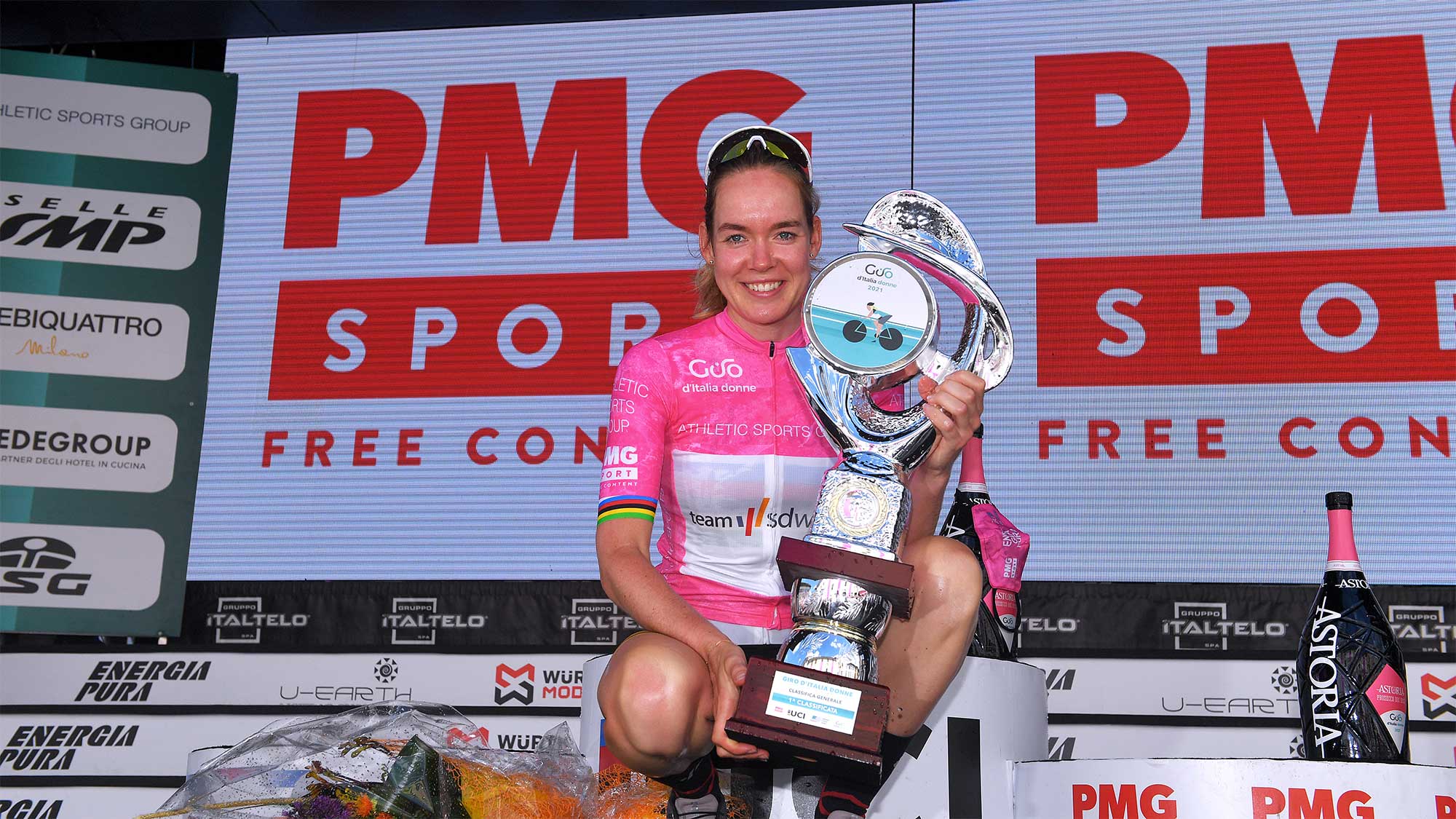 CORMONS, ITALY - JULY 11: Anna Van Der Breggen of Netherlands and Team SD Worx Pink Leader Jersey celebrates at podium during the 32nd Giro d'Italia Internazionale Femminile 2021, Stage 10 a 113km stage from Capriva del Friuli to Cormons / Trophy / #GiroDonne / #UCIWWT / on July 11, 2021 in Cormons, Italy.