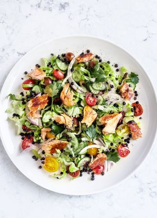 Hot flaked salmon salad