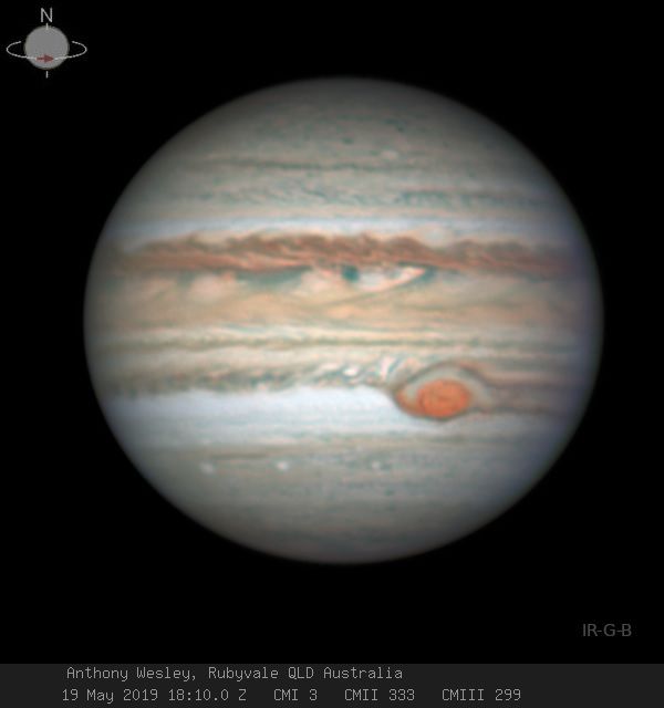 Amateur astronomer Anthony Wesley captured this view of Jupiter and its Great Red Spot on May 19, 2019, from the town of Rubyvale in Queensland, Australia. 