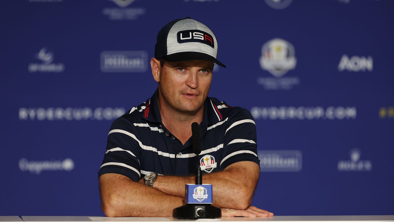 Zach Johnson, Captain of Team United States speaks in a press conference following the Friday afternoon fourball matches of the 2023 Ryder Cup at Marco Simone Golf Club on September 29, 2023 in Rome, Italy.