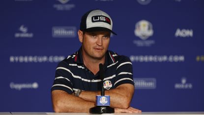 Zach Johnson, Captain of Team United States speaks in a press conference following the Friday afternoon fourball matches of the 2023 Ryder Cup at Marco Simone Golf Club on September 29, 2023 in Rome, Italy.