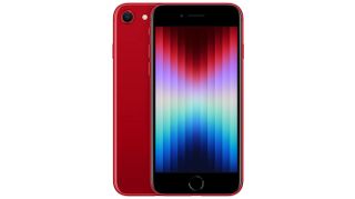 En rød iPhone SE (2022) på hvid baggrund