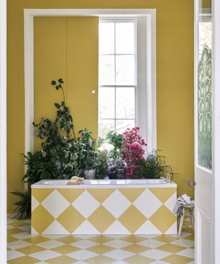 Yellow painted hallway with flowers and white door frame