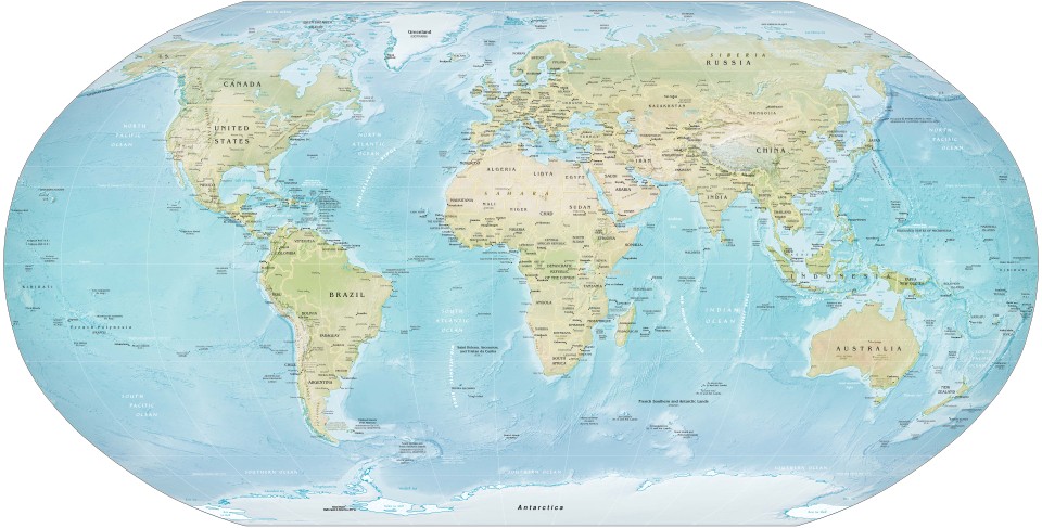 Physical world map showing continents, countries, oceans, mountain ranges, rivers, and major geographic features in a detailed global projection.