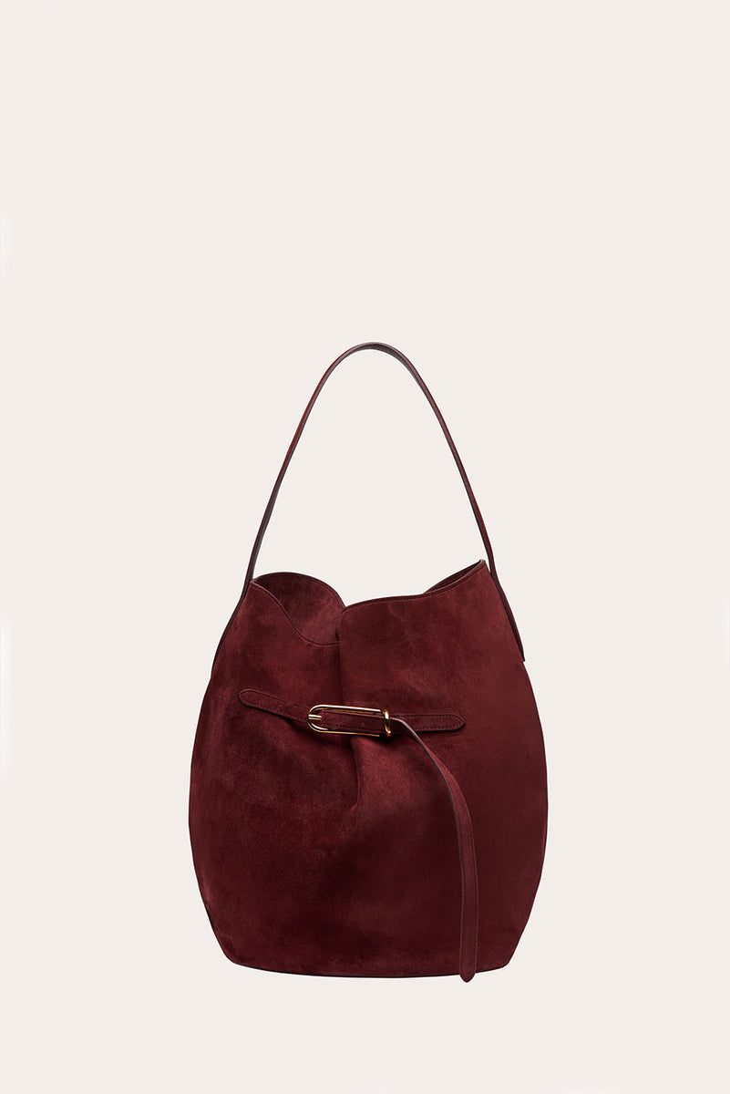 Belted Bucket Bag Large Burgundy Suede