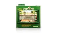 A green canister of Cuprinol UV guard weatherproofing decking oil