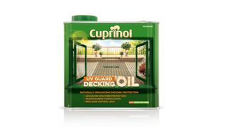 A green canister of Cuprinol UV guard weatherproofing decking oil