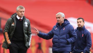 Jose Mourinho, right, has made a dig at his former club Manchester United and manager Ole Gunnar Solskjaer