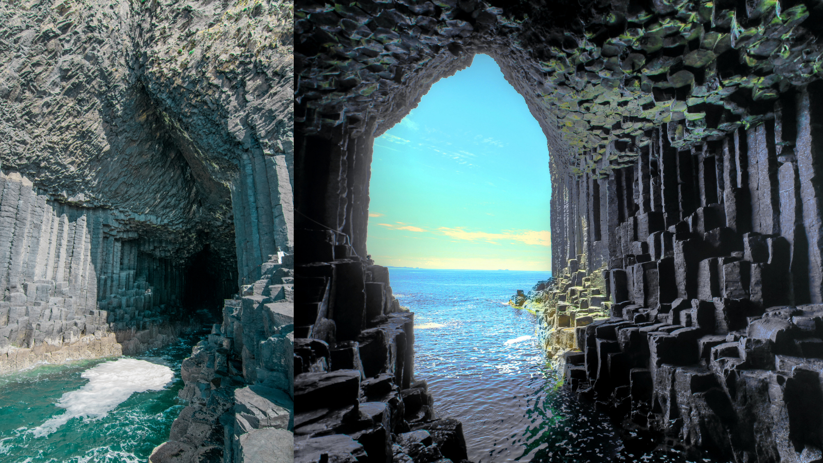 A view of the inside of Fingal's Cave from the outside and a view from inside the cave toward the sea.