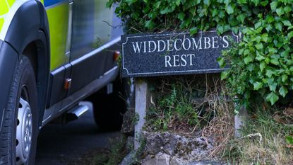 A sign reading Widdecombe's Rest is seen outside the house of Ann Widdecombe