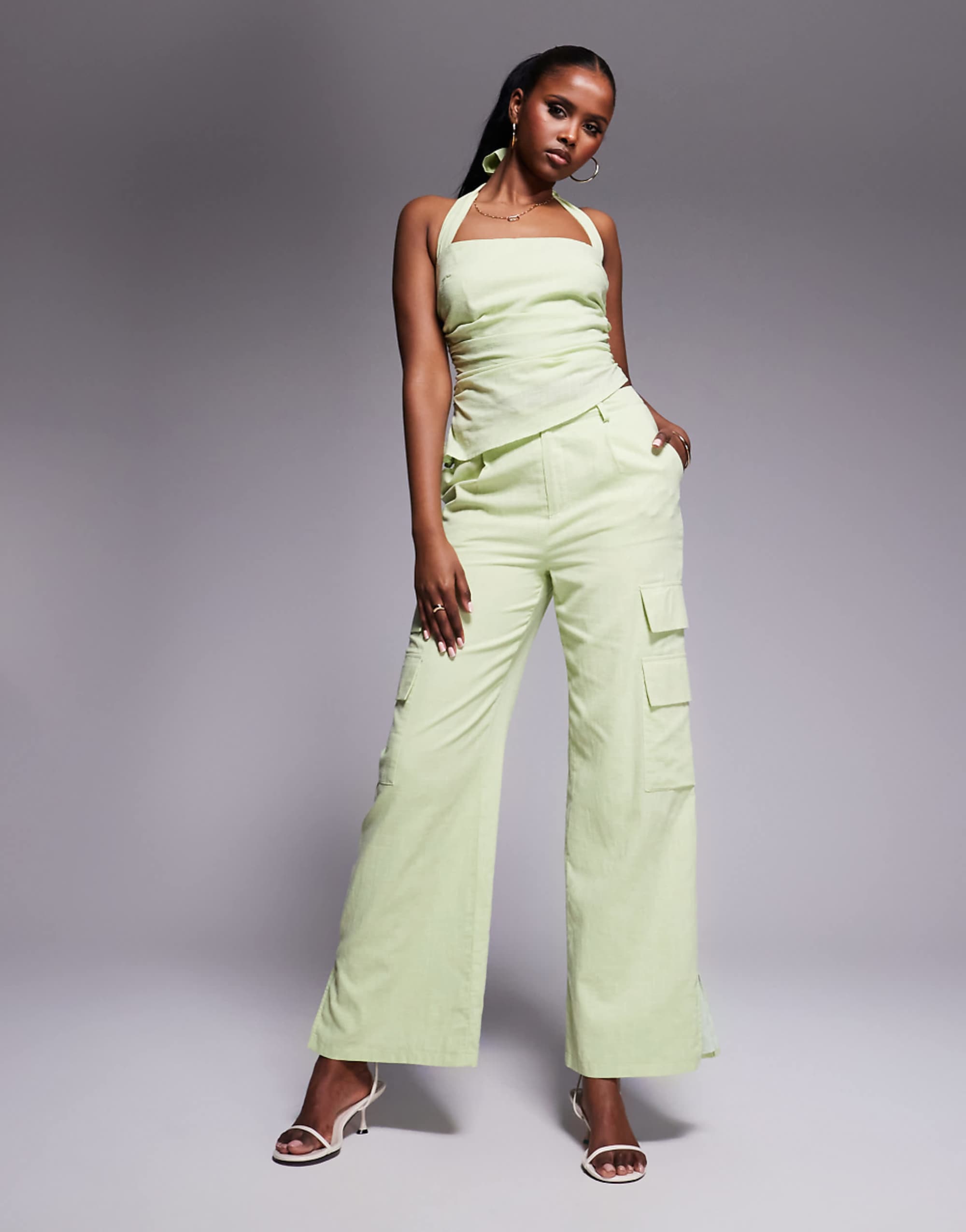 Kaiia Linen Look Pocket Detail Cargo Trouser Co-Ord in Apple Green