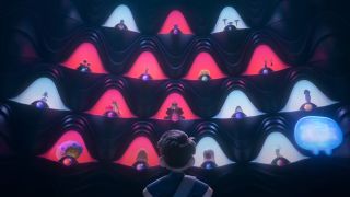 Screenshot from the animated sci-fi movie Elio. A young boy with a blue eye patch stands tall in the center of a giant auditorium as many different aliens stare down at him.