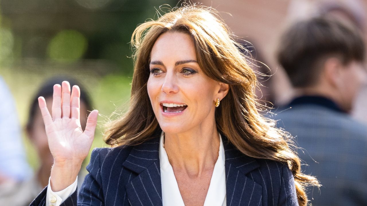 Catherine, Princess of Wales is pictured with a fringe and blown-out, curly hair during a visit to the Grange Pavilion as they celebrate the beginning of Black History Month on October 03, 2023 in Cardiff, Wales.