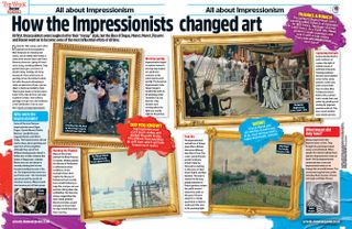 A magazine spread featuring images of various framed art works