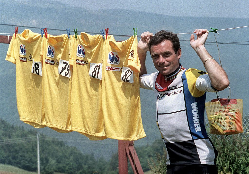 Frenchman Bernard Hinault the overall leader of the 72nd Tour de France displays during a dayoff on July 12 1985 in VillarddeLans his four yellow jerseys won in previous years 1978 1979 1981 1982 Hinault won the 1985 edition as well to tie the record set by his compatriot Jacques Anquetil and Belgian rider Eddy Merckx AFP PHOTO Photo credit should read AFP via Getty Images