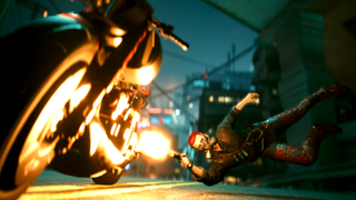 V, from Cyberpunk 2077, does a cool stunt with a gun and a motorbike.