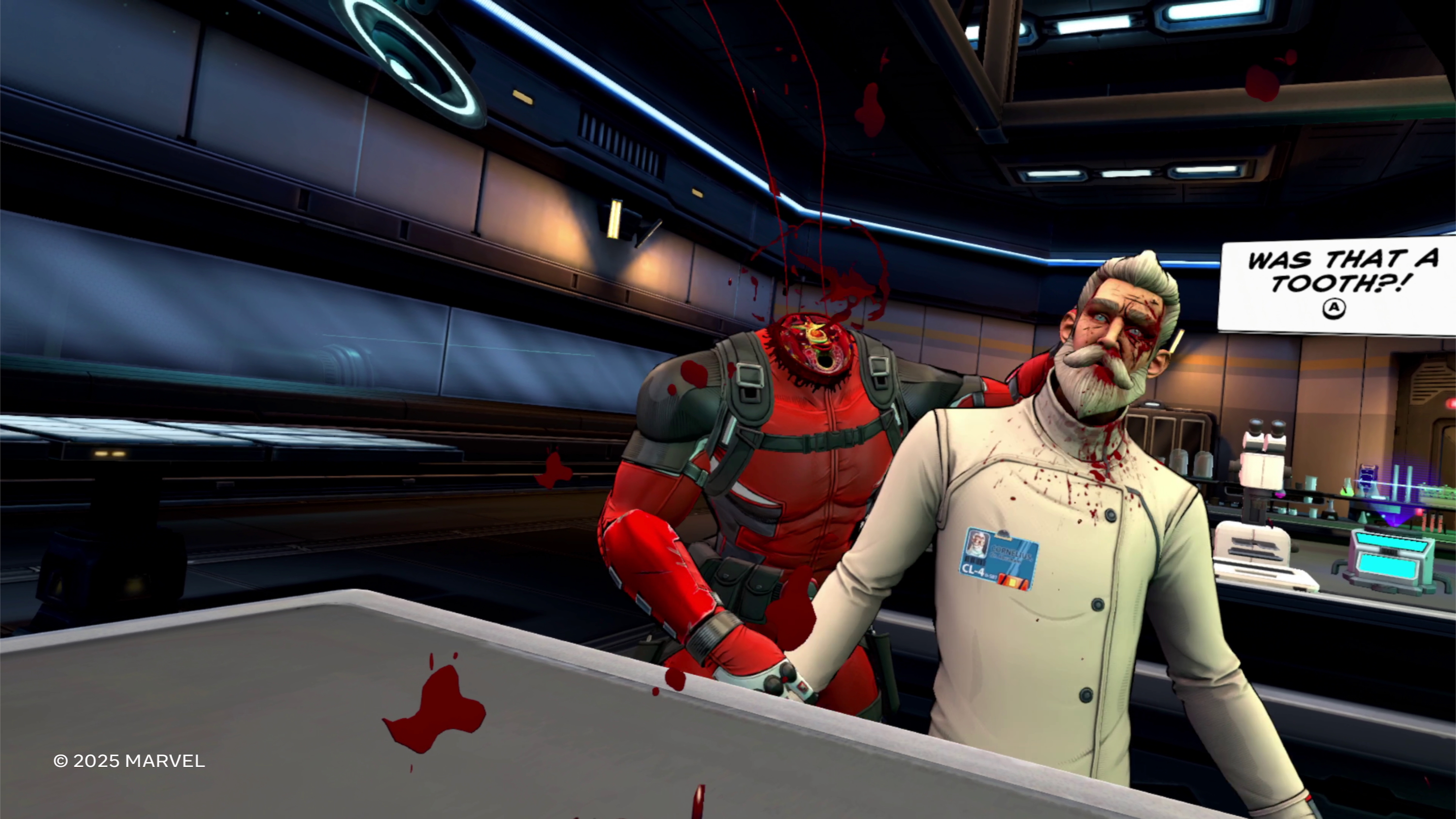 A screenshot of Deadpool's headless body about to slam a bloodied scientist's head against a desk, with cartoonish text "Was that a tooth?!" next to him.