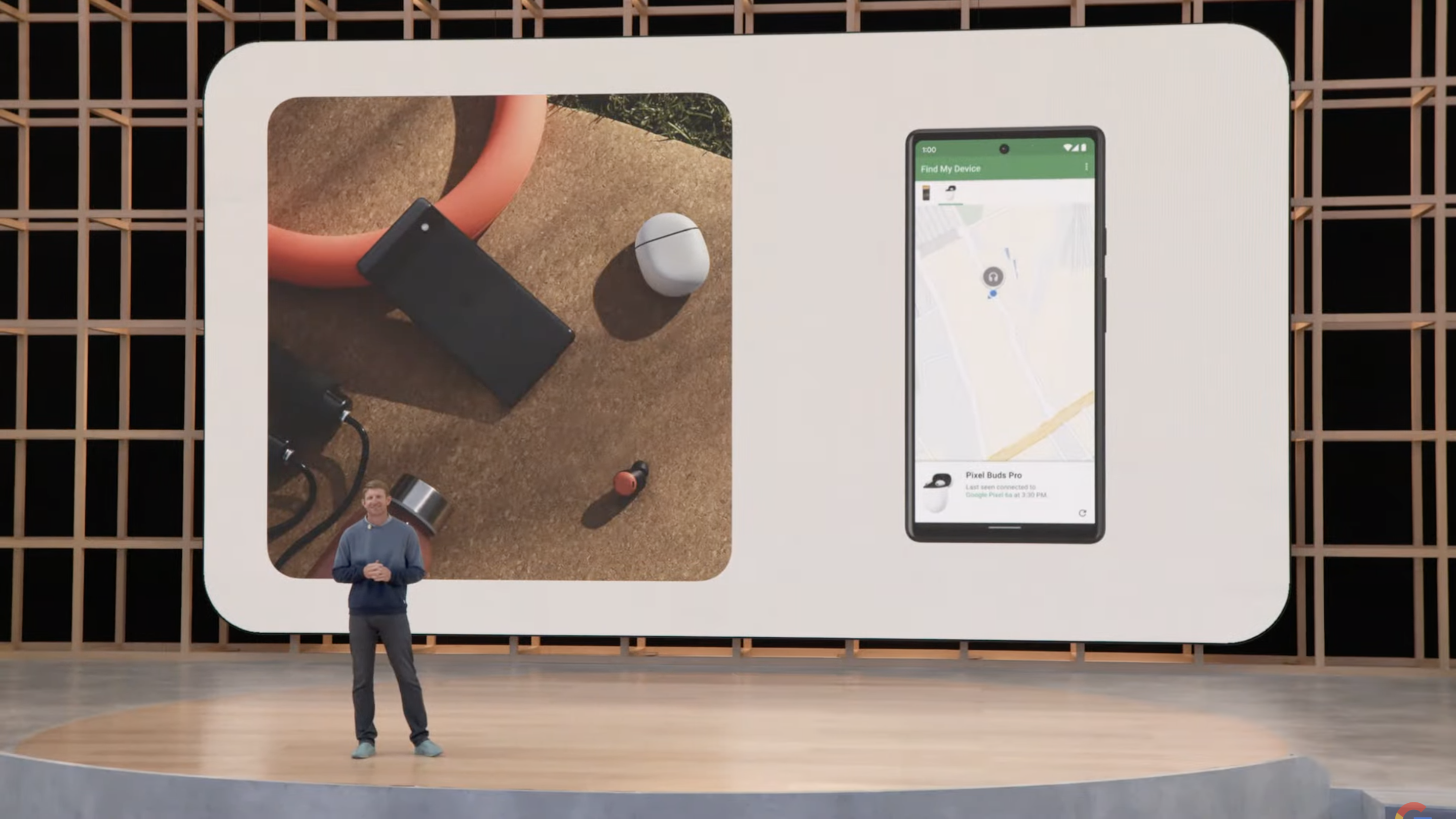 Imágenes de los Google Pixel Buds Pro exhibidas durante una presentación en el escenario en IO 2022