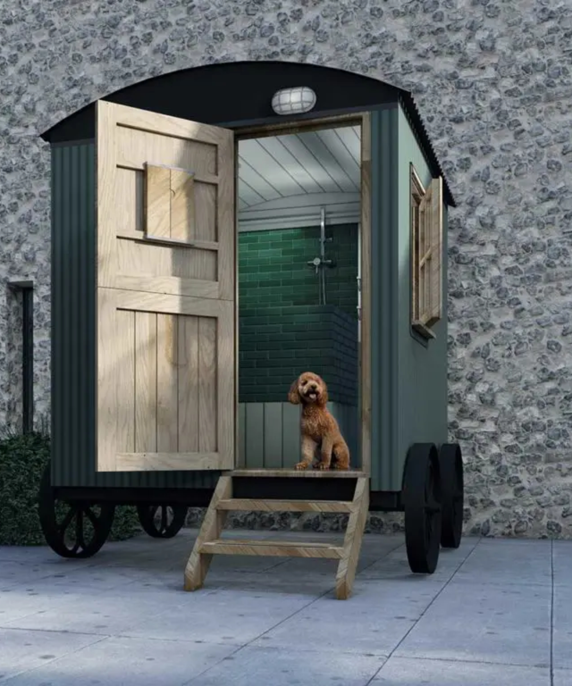 green painted shepherd's hut converted into dog shower room