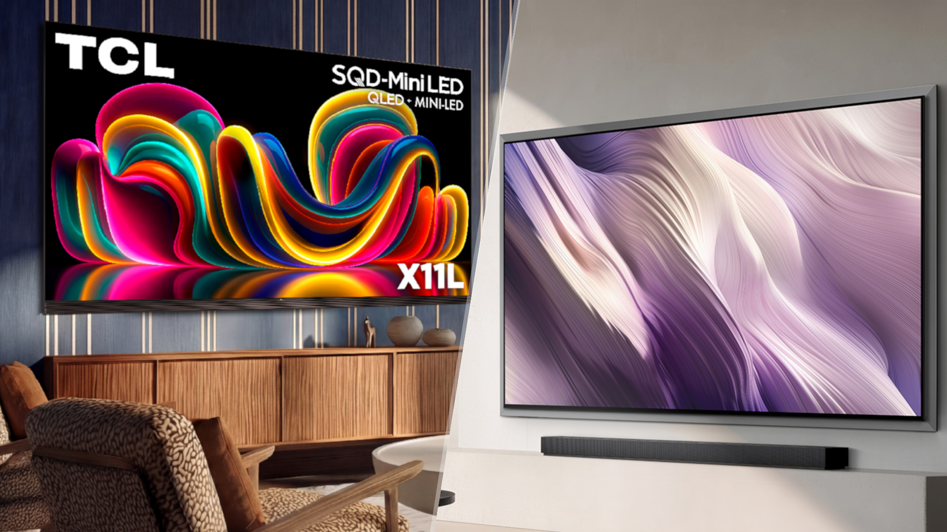 A side-by-side, split-screen composite of two TVs: the TCL X11L SQD Mini-LED TV and the Samsung S95H QD-OLED.
