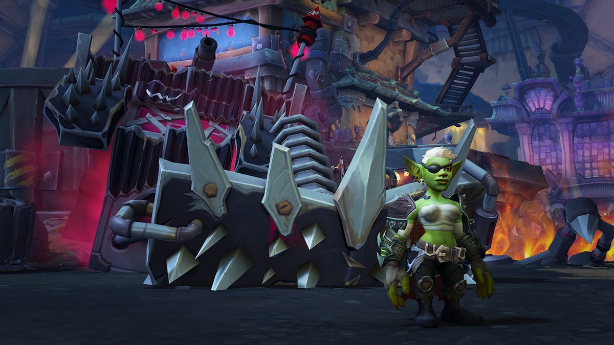 Image of a Warcraft goblin standing in front of a large contraption in the Undermine