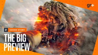 A recon sniper aims down sights in Battlefield 6 art surrounded by smoke, orange highlights flashing on their gear and mixing with embers in the smog