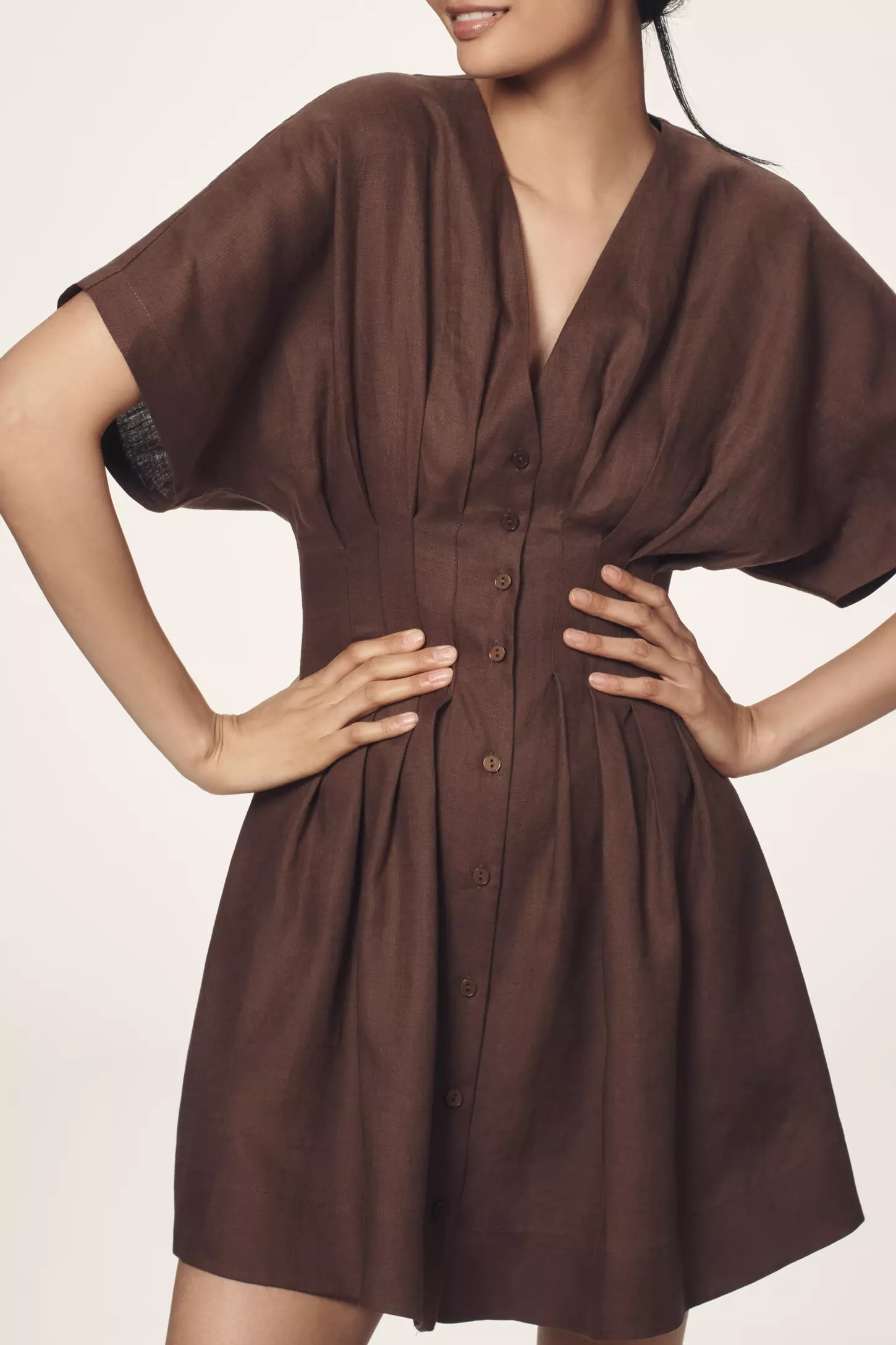 The Tobie Button-Front Pleated Shirt Dress by Exquise: Linen Mini Edition