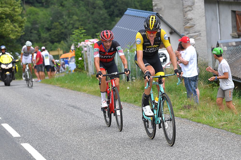 Robert Gesink of The Netherlands and Team LottoNL - Jumbo / Damiano Caruso of Italy and BMC Racing Team attack the breakaway
