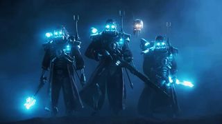 Four armored figures with glowing blue eyes and suits stand in dim blue light, exuding a futuristic and mysterious aura. They hold weapons, appearing ready for action.