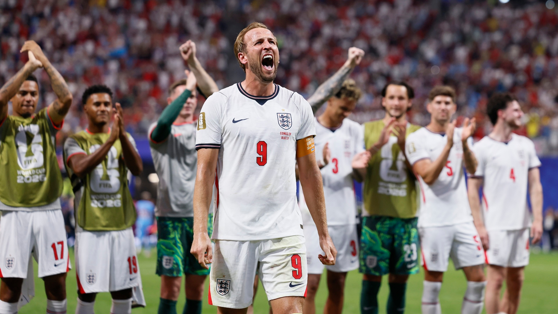 Harry Kane of England celebrates with team mates after winning the FIFA World Cup 2026 Round Of 32 match between England and Congo DR