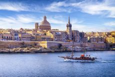 Malta - Mediterranean travel destination, Marsamxett Harbour and Valletta with Cathedral of Saint Paul