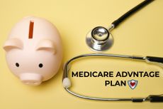 A picture of Medicare advantage plan word, piggy bank, shield and heart insight. Medicare advantage conceptt