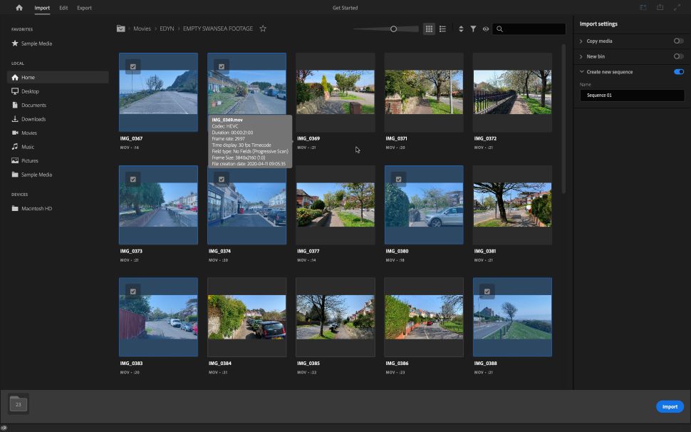 Screenshot of importing in Adobe Premiere Pro