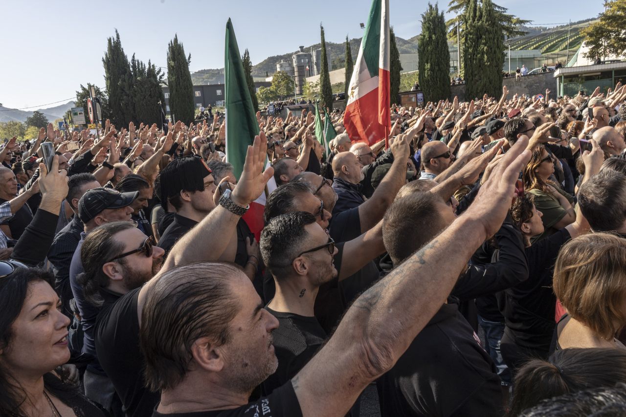 Neo-fascists seen saluting former Italian dictator Benito Mussolini&amp;#039;s resting place. 