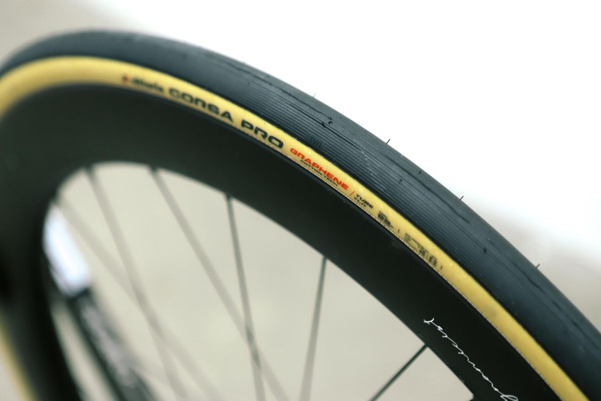 A tan bicycle tyre on a white background