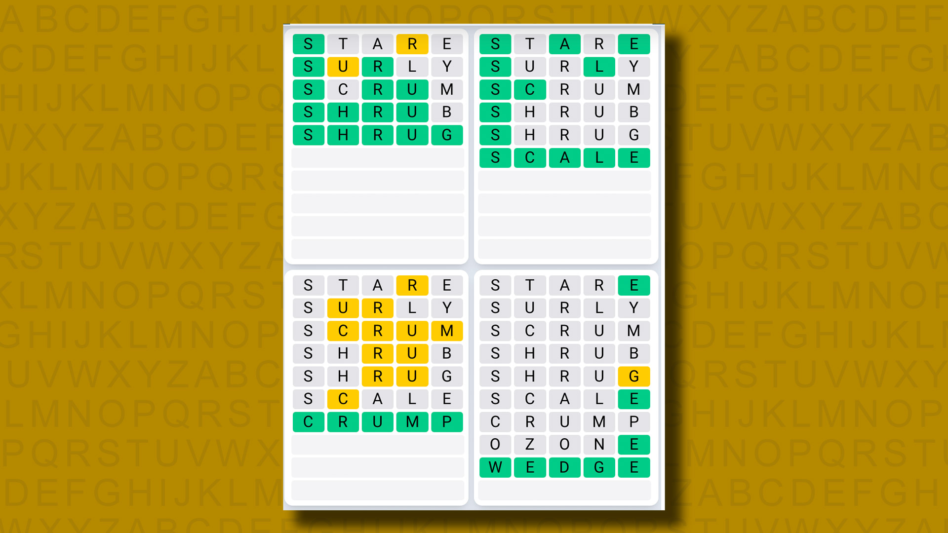 Quordle Daily Sequence answers for game 1058 on a yellow background