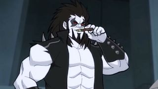 The bad attitude interstellar mercenary and bounty hunter, Lobo, chomping on a cigar and wearing a leather vest in Superman: Man of Tomorrow, voiced by Ryan Hurst.