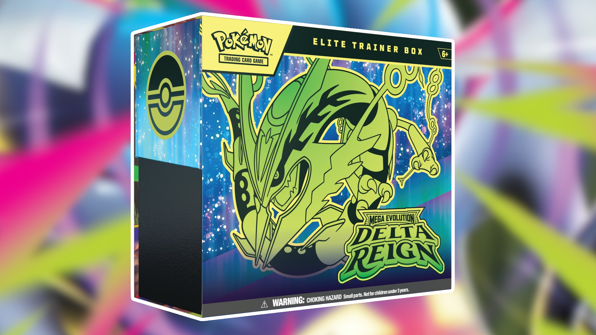 Pokemon TCG Delta Reign Elite Trainer Box against a blurred, colorful background