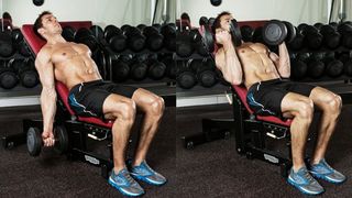 A man performing an incline dumbbell biceps curl as part of a workout plan for muscle gain