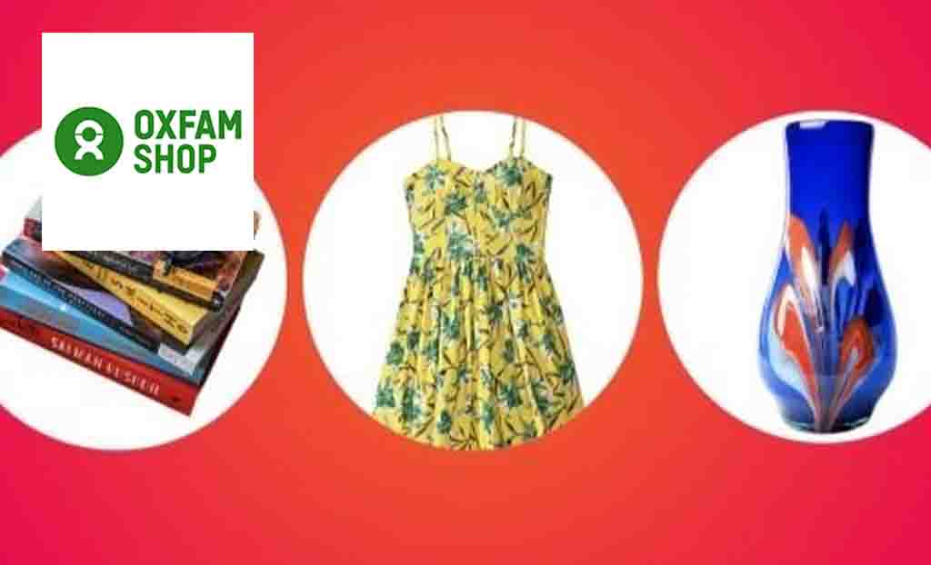 Oxfam shop logo on top left with three items in a circle with pink and orange background 