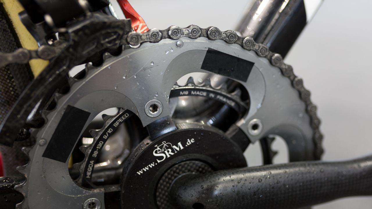 The Dura-Ace 7800 54T outer chainring is stickered up as the team uses Campagnolo components